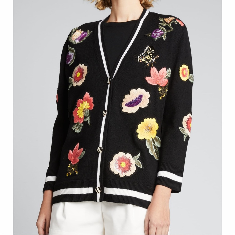 Alice + Olivia Bradford Floral Cardigan Sweater Embroidered Grandpa Black S
